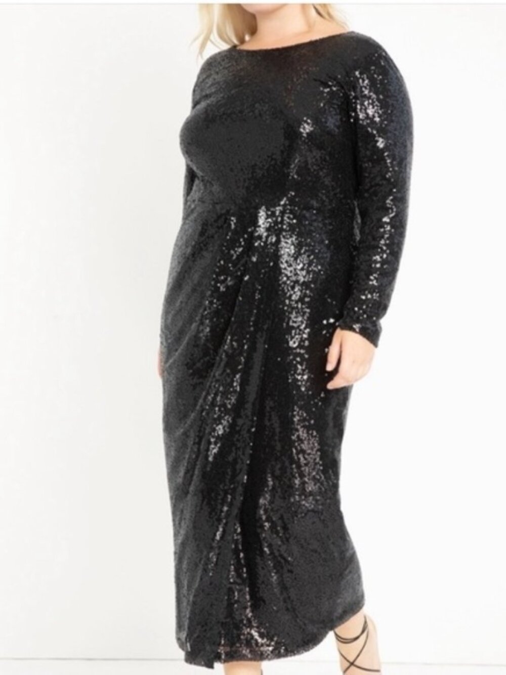 LIKE NEW Eloquii Sequin Maxi Wrap Dress- Black Sz 18w